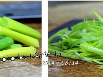 step4: 青蔥先切段，
再切成細絲狀備用
也可加點紅色甜椒添色，
一樣切成細絲狀