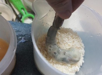 step5: 再沾滿麵包糠待用(用手提起蝦尾部,盡量不要令蝦尾部有麵包糠)(整好後可放入雪櫃待用)