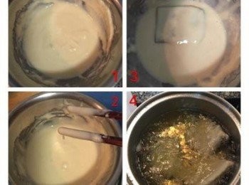 step2: 調製<span class="group_2">粉漿</span>：先將蛋打散，倒入麵粉略拌，再倒40g的水拌勻，<span class="group_2">粉漿</span>如太過濃稠就請酌量再倒少許水調整。拌到沒有粉之後，再加入少許沙拉油或椰子油(約1茶匙)拌勻備用。油鍋加熱到約160度(筷子沾濕後放入油鍋中，筷子邊緣馬上起小泡泡)，便可將年糕都沾滿<span class="group_2">粉漿</span>，下鍋中小火炸到各面都呈淡金黃色後，再轉大火逼油。