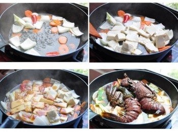 step2: 先將洋蔥、辣椒、紅蘿蔔爆香，放入100cc的水煮滾，接著放入嫩豆腐並放入<span class="group_2">醬料</span>調味，放上剖半的龍蝦蓋在鍋上