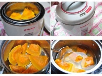 step2: 將南瓜切塊狀放入電鍋蒸熟，取出再以約400cc的滾水煮，並用湯匙將南瓜塊略壓散