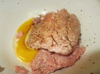 step1: 七分瘦三分肥的猪前腿肉，用料理机搅成猪肉馅（或用刀剁)
馒头撕去皮，对搓成馒头屑