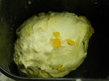 step3: 發酵完後，將芒果乾倒入，選擇揉麵團功能，約揉五分後取出，讓麵團鬆弛10分鐘