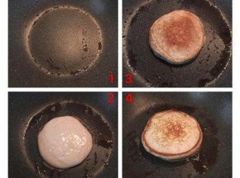 step5: 煎培根時用另一平底不沾鍋小火加熱，並抹上少許奶油，再舀一匙的<span class="group_2">鬆餅</span>漿，用小火慢慢加溫到看到表面有產生氣泡即可翻面，<span class="group_2">鬆餅</span>會逐漸膨起形成厚度，兩面都上色後即可起鍋放在網架上。每次要煎時都要記得抹點油，鍋太熱的話可以暫時關火，待降溫後再開；此份量的<span class="group_2">鬆餅</span>漿可煎7-8片喔～
