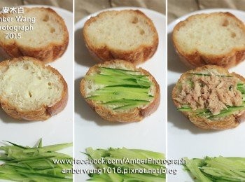 step2: 麵包片，先塗上一層美乃滋，再放上小黃瓜絲，最後放上鮪魚。