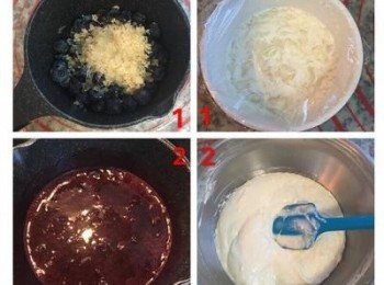 step5: 藍莓醬:藍莓+糖+檸檬汁微波1分30秒或用小火煮到藍莓軟化,同時請用可食用的冰水泡軟吉利丁4g. 去除水份後放入藍莓醬中煮溶即可. 奶酪起司醬:吉利丁泡軟後放入10g鮮奶油中微波1分30秒後攪拌到吉利丁完全溶化,放涼備用.室溫奶酪起司先打發,加入剩下的材料和吉利丁醬，攪拌到細緻均勻(亦可過篩).