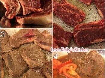 step1: 用調味料先醃30分鐘，熱好油鑊煎香兩邊鎖好肉汁盛起先；