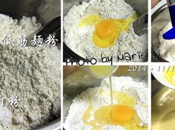 step1: 無鹽奶油先隔水加熱成液態，備用

先將所有粉類混合在工作鋼盆中
加入一顆雞蛋、水一起快速拌勻
最後再倒進液態的奶油下去仔細拌勻即可


※配料可依自己喜好更換<span class="group_1">食材</span>。
※煉乳是我為了增加奶味而加的，不想用煉乳的話可以直接省略它。