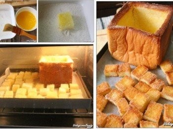 step10: 準備適量的巳溶化的無鹽奶油及細砂糖 再將巳切好的吐司塊，用刷上抹上適當的奶油後，均勻的灑上細砂糖 而吐司盅有看見白吐司的部份也要抹奶油及灑細砂糖 完成之後再放入巳先預熱到180度的烤箱中，烤至表面均勻的金黃色即可 烘烤的過程中，需適時的將吐司塊翻面，好上色均勻