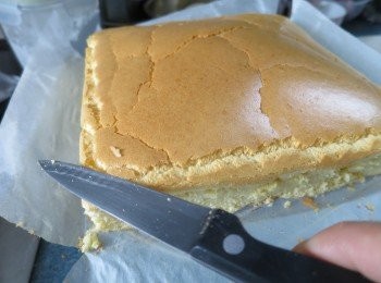 step21: 用刀片去硬身部份,將蛋糕平均切開2片