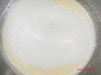 step4: 最後再將高筋麵粉和泡打粉過篩後加入.用塑膠刮刀輕輕拌到看不見粉末後就好.不要攪拌過度.倒入<span class="group_1">模具</span>中放入烤箱170度烤35-40分鐘.竹籤插入後不沾黏即可.