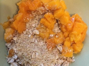 step2: 芒果起肉切粒。燕麥、小麥胚芽、芒果粒混合，加少許鹽，