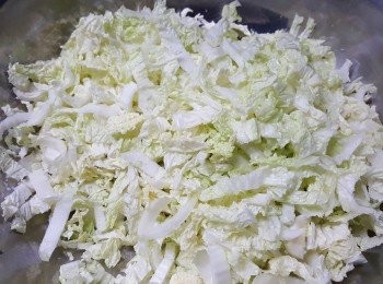 step2: 將娃娃菜切幼絲，用一茶匙鹽醃20分鐘。