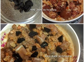 step1: 排骨洗淨抺乾水醃數小時。蝦乾用略暖的水浸軟切粒，黑蒜切粒。煲滾水，蝦乾放上排骨面隔水蒸8分鐘，加黑蒜再蒸2分鐘，洒上蔥花焗1分鐘即可。