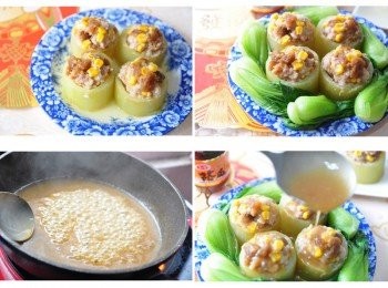 step4: 先取出燉好的大黃瓜盅擺盤，於盤緣擺上川燙過的清江菜，燉好剩下的醬汁與其他調味滾煮成<span class="group_2">芡汁</span>，甘甜的醬汁淋上大黃瓜盅裡即可