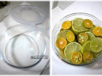 step1: 取一乾淨玻璃瓶，放入切薄片的檸檬與金桔