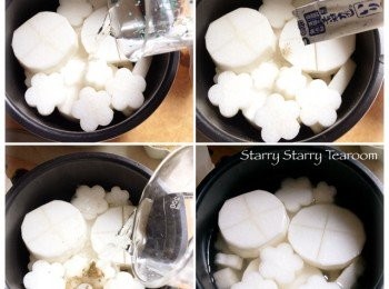 step2: 加入鏗魚粉和料理酒，然後再加入清水，直至淹過蘿蔔。