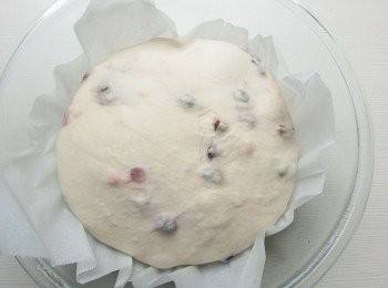 step8: 當發酵至70分鐘時把麵糰整盆移出,將鑄鐵鍋及蓋子一起放入烤箱,用220 度c先行預熱。