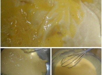 step3: 把2顆蛋黃加1顆全蛋打散，分次倒入步驟(2)內。然後再分次加入步驟(1)拌勻。