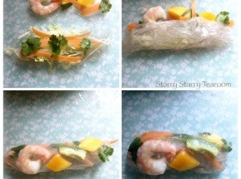 step4: 跟著圖示，米紙的下方放上粉絲、青瓜、甘筍和生菜，米紙的上方放上芒果、大蝦和其他蔬菜。再慢慢由下方揭起米紙，卷到上方。然後將左右摺到底部收口。