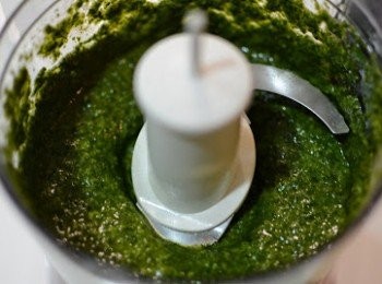 step2: 將松子、鹽、橄欖油3大匙、大蒜去皮、九層塔去除粗梗後的葉片、放入攪拌器中，打碎做成青醬，放一旁備用。