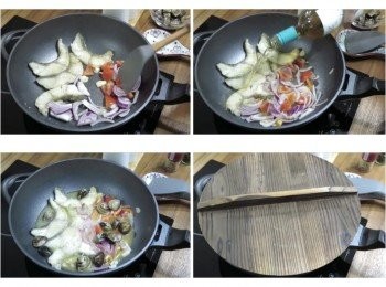 step6: 然後加入白酒煮沸，擺入蛤蜊，蓋上鍋蓋續煮約5分鐘