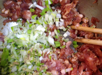 step3: 再加入薑蔥末，將兩湯匙水一點一點打進肉餡裡。