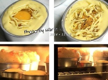 step5: 最上層我於邊緣再鋪上一圈麵糊
然後灑上一些義大利香料
就可送進已事先預熱好的烤箱中了

烤箱設定為：

上火：         180度
下火：         180度
烤盤放置：      上層
烘焙時間：    25分鐘


※ 每台烤箱的狀況皆不相同，請依自家烤箱的狀況做調整設定。