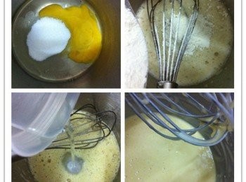 step1: 首先把蛋打入大碗中，加入幼糖，利用手動打蛋器打至小泡。