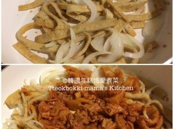 step4: 熱鑊下油，炒香蒜蓉、洋蔥然後加入韓式魚片炒一會加入泡菜繼續炒，