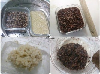 step1: 將米飯煮熟後，加一咪咪的鹽巴，各別將紫米&糙米搗一搗，約3-5分，米飯呈現一半還有米粒狀、一半成黏稠的麻糬狀