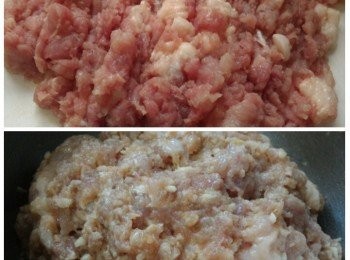step2: 梅頭豬肉剁碎後，順方向攪拌至有黏性(起膠)。然後加入馬蹄及醃料拌勻，醃半小時。
醃料:
油1湯匙，生抽(醬油)1湯匙，魚露2茶匙，紹興酒半湯匙，砂糖1.5茶匙，胡椒粉少許，粟米(玉米粉)3茶匙，麻油1湯匙。