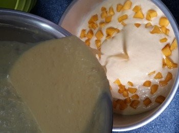 step12: 将1半混合好的乳酪芝士糊倒入蛋糕模中，輕輕放入90克芒果粒，再倒入剩下的乳酪芝士糊，晃動一下蛋糕模，使裏面的芝士糊平坦， 移入雪櫃冷藏1-1.5小時(擺雞蛋果層)
