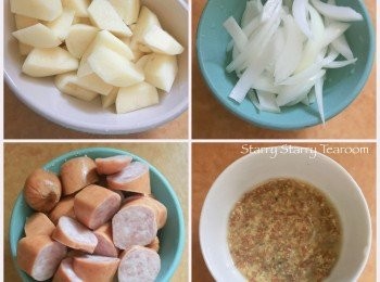 step1: 將薯仔切粒，用熱水烚熟備用。將洋蔥切絲，腸仔切粒，備用。將原粒芥末和檸檬汁混合好，備用。