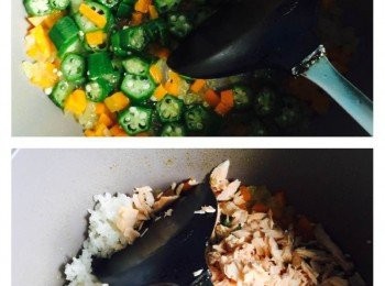 step2: 下少許油炒香洋蔥粒及甘筍粒，加入熟水煮熟，最後加入秋葵、白飯、三文魚及茄汁 (份量因口味濃淡而定) 同炒即成。