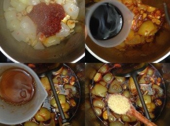 step8: 之後下豆瓣醬炒香，下醬油、料酒、糖、蕃茄先煮5分鐘