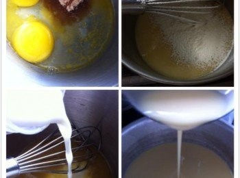 step1: 首先把冷藏牛油加入深碗中溶解，然後加入蛋和黃糖充分的攪拌均勻。
然後加入fullcream牛奶拌均勻，最後篩入麵粉，攪拌至無粉粒
【我把攪拌好的麵糊篩過一次，確保沒有粉粒】