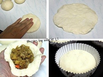 step5: 醒好的麵糰先用手壓平
擀開成外薄內厚的圓餅狀
包入餡料捏合收口
收口朝下放入紙模中

最後再發酵一個小時即可準備送入烤箱。