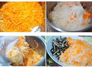 step2: 先將乾香菇熱水稍微沖洗後泡溫熱水軟化，再將紅/白蘿蔔剉成細絲後加入2小匙鹽巴抓捏出水再瀝掉水分，接著軟化的香菇剪成細絲備用