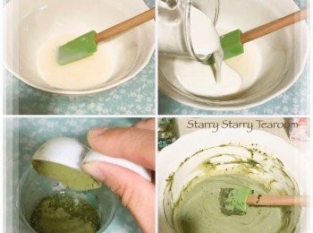 step2: 將mixing bowl先在雪櫃冷藏最少半小時。將忌廉和煉奶倒進去，輕輕拌勻。將抹茶粉和3大匙清水混合好，然後倒進mixing bowl, 輕輕攪拌均勻。