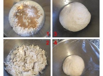 step1: 首先製做水合麵糰, 除了酵母和無鹽奶油之外,先將乾性材料混勻後加入牛奶,攪拌到沒有液體後就可以用手下去操做, 只需要揉成糰,原料都混勻即可,然後用保鮮膜蓋好放到冰箱冷藏30~45分鐘.