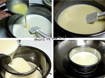 step3: 倒進融化的無鹽奶油一起攪拌均勻

靜置 30 分鐘‧‧‧

將靜置過的麵糊以細目網過篩
做出來的冰皮才會細緻好吃
過篩後的麵糊放進鍋裡
以中大火蒸煮約 15 分鐘。