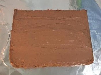 step20: 在桌上鋪好鋁薄紙(光亮面朝上),將蛋糕倒扣在鋁薄紙上，再輕輕撕去烘焙紙，均勻舖上<span class="group_4">巧克力鮮奶油</span>，中間段可塗厚ㄧ點，