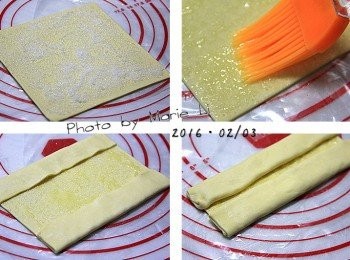 step2: 先將細砂糖均勻地灑在酥皮上
用手指稍微施點力將糖壓進酥皮裡固定
然後刷上一層奶油。

先將兩個平行邊往中間折起
寬度約為酥皮的六分之一
再各別往中間折一次後
依照酥皮的中線折起
將兩邊的餅皮疊合起來