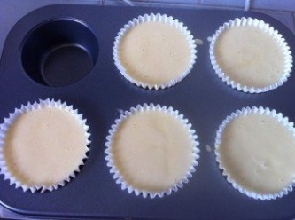 step5: 取出烘焙紙杯，把麵糊倒入。
剩下一大匙麵糊和溶解的巧克力混合，裝進擠花袋，這是可以擠出自己喜歡的造型，
預熱烤箱150度，把杯子蛋糕送進烤箱，烤20分鐘或至熟即可。