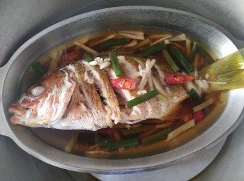 step2: 用大鍋把水燒滾，將黃雞母魚【澎湖野生水產】放入大火清蒸15分鐘。 並在黃雞母魚【澎湖野生水產】身上鋪好薑絲，淋上少許的醬油和水，經過10分鐘後，把蒜頭放入鍋中，快接近15分鐘後，用筷子插入魚身最厚的地方，筷子若能輕鬆穿過，表示熟透了，如果還沒就多蒸2分鐘後，再試一次。