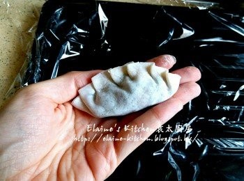 step10: 器皿內放上保鮮紙 , 將餡料放上餃子皮中間位置 , 再對摺封口