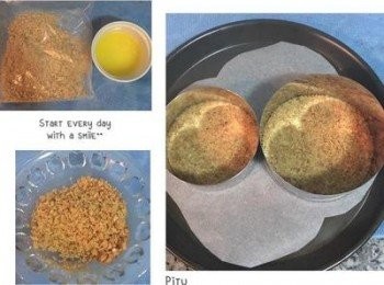 step1: 無鹽奶油微波20秒到溶化；消化餅乾裝到夾鍊袋裡排出空氣後敲碎；兩者混合均勻。烤盤上放一張烘焙紙，放上模具環，將與奶油混勻的餅乾用湯匙倒入，壓緊(特別是邊緣的部份)，便可放冷藏備用。