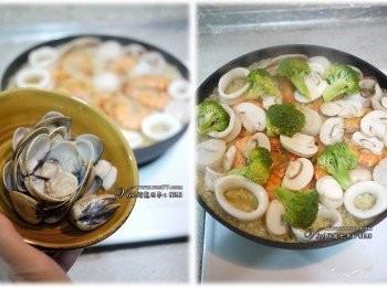 step4: 等蛤蜊開後先取出，再均勻放入蔬菜，蓋上蓋子再煮至湯汁收乾即可