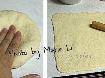 step4: 取一份麵團，先將裡面的空氣按壓出來
再用撖麵棍撖成一大張方型麵皮